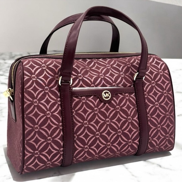 Michael Kors Jet Set Travel Medium Signature Logo Duffel Crossbody Bag Ox Blood - Picture 1 of 10